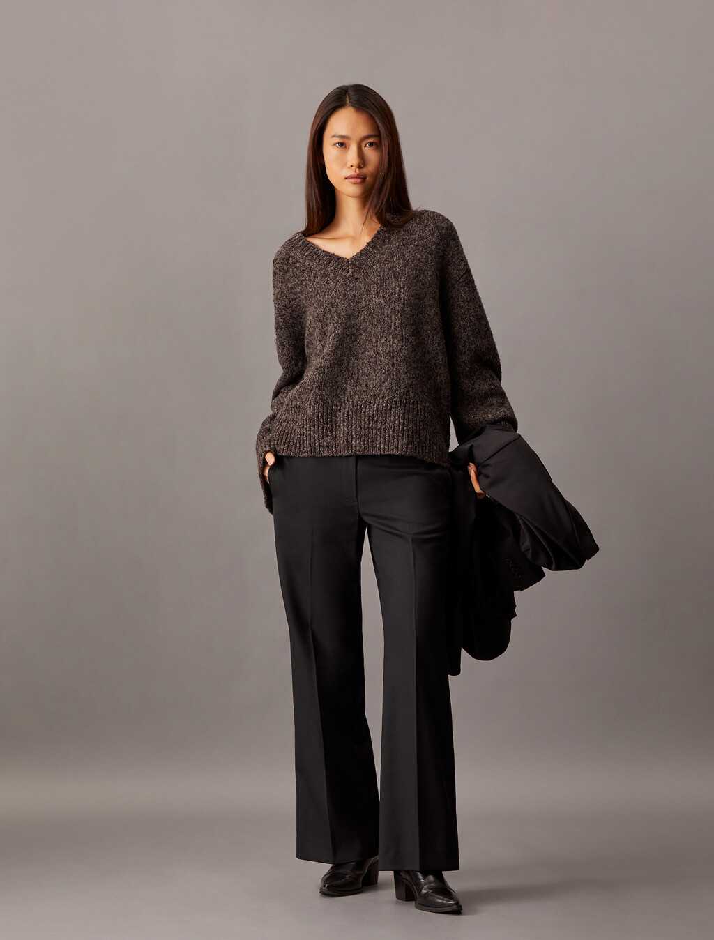 Coated Gabardine Flare Trousers, Black Beauty, hi-res