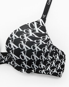 Calvin Klein 1996 Push Up Plunge Bra, WARPED LOGO PRINT+BLACK, hi-res