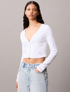 Cropped Ribbed Cotton Cardigan, Brilliant White, hi-res