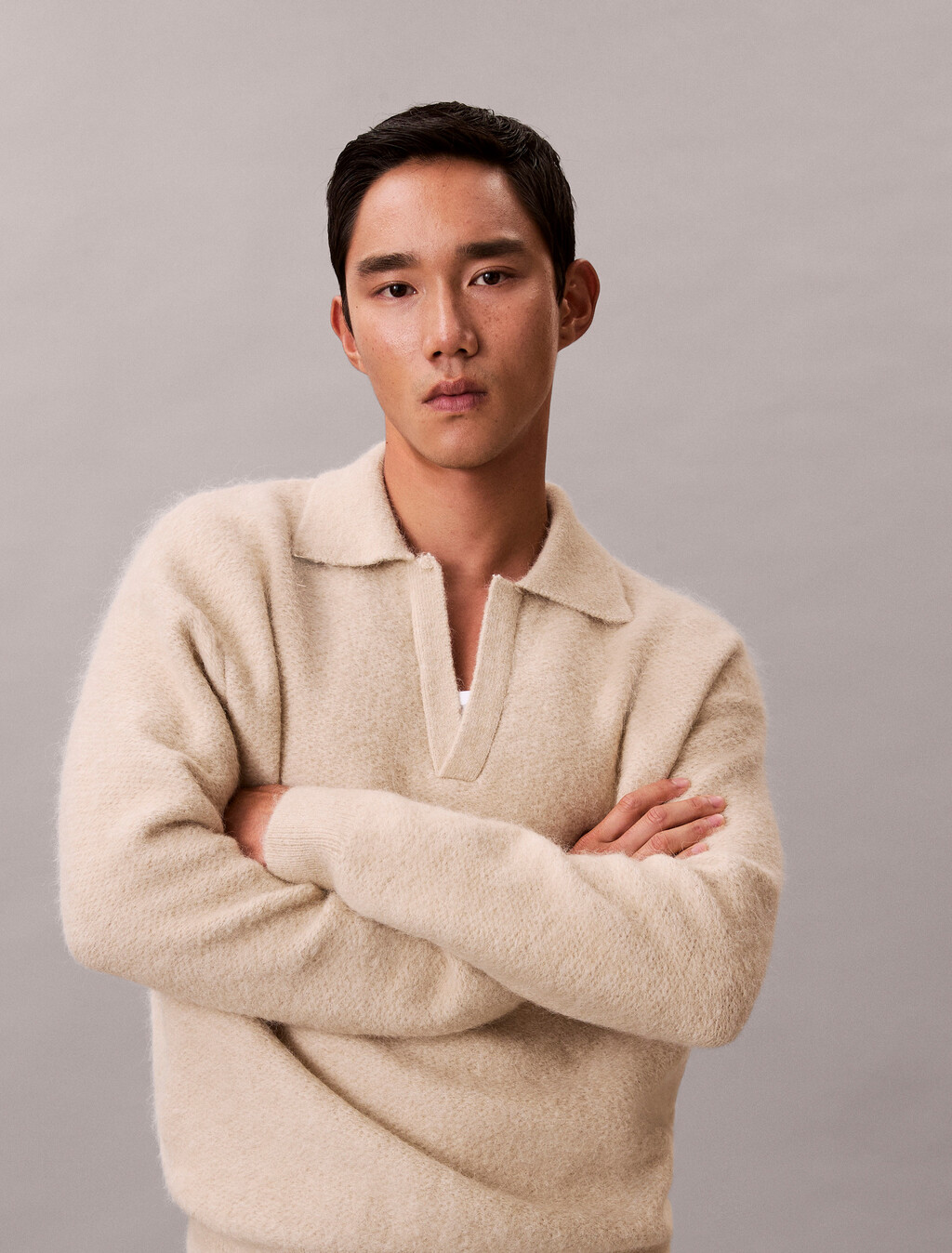 Brushed Alpaca Blend Johnny Collar Jumper, Pelican, hi-res