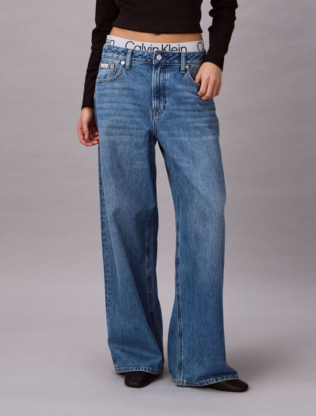 Logo Waistband Low Rise Baggy Jeans, MID BLUE, hi-res
