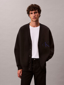 Cotton Blend Monogram Logo Relaxed Cardigan, Black, hi-res