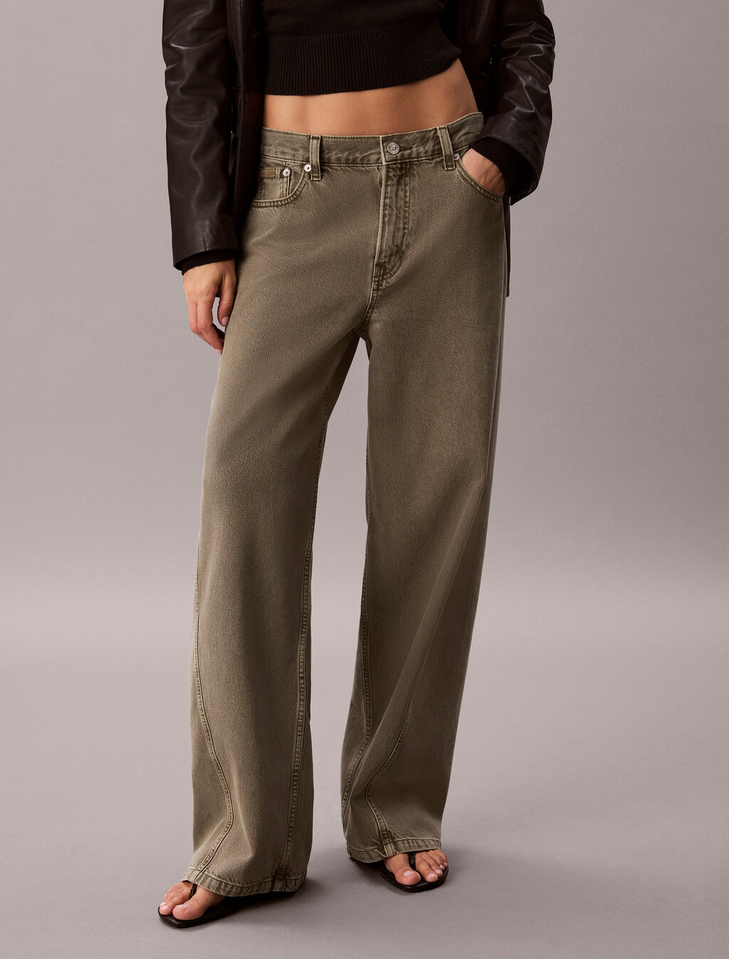 Twisted Low Rise Baggy Cotton Lyocell Jeans, FADED OLIVE, hi-res