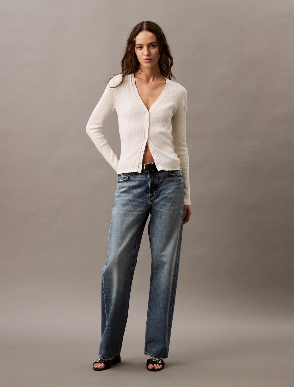 Cotton Variegated Rib Knit Cardigan, Tofu, hi-res