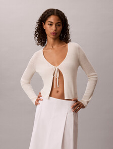 Linen Blend Tie Front Cardigan, Tofu, hi-res