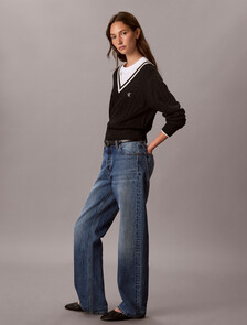 Cable Knit V-Neck Sweater, Black, hi-res