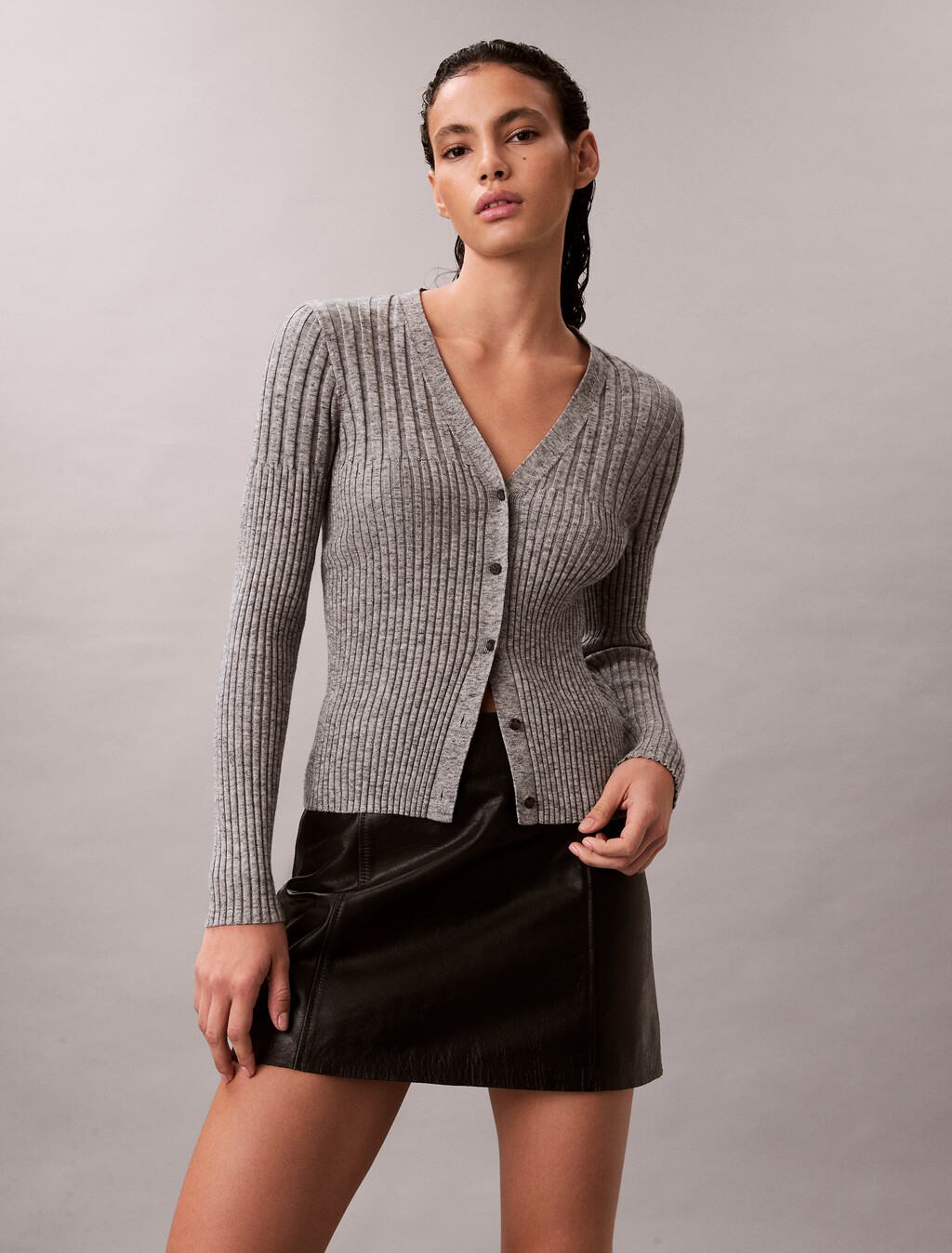 Cotton Mouline Rib Cardigan, Quiet Gray Melange, hi-res