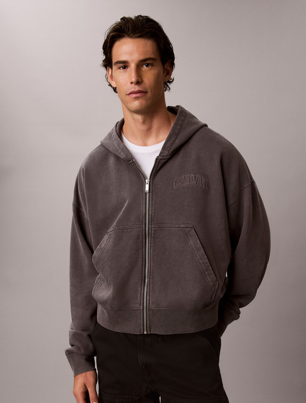 Garment-Dyed Boxy Zip-Up Hoodie, Volcanic Ash, hi-res