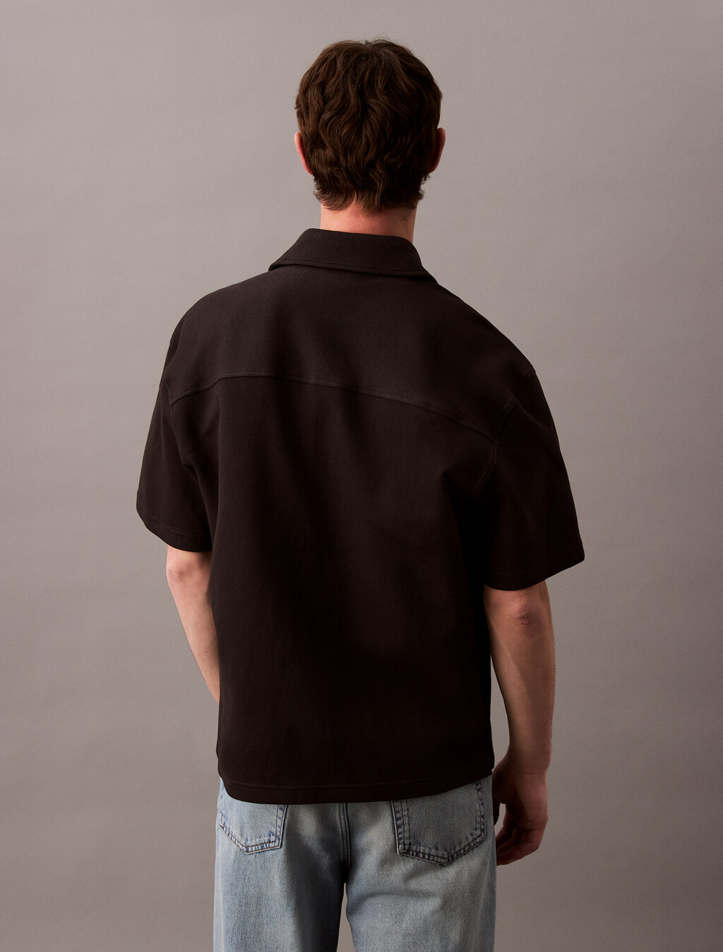 Textured Pique Relaxed Overshirt, Black, hi-res