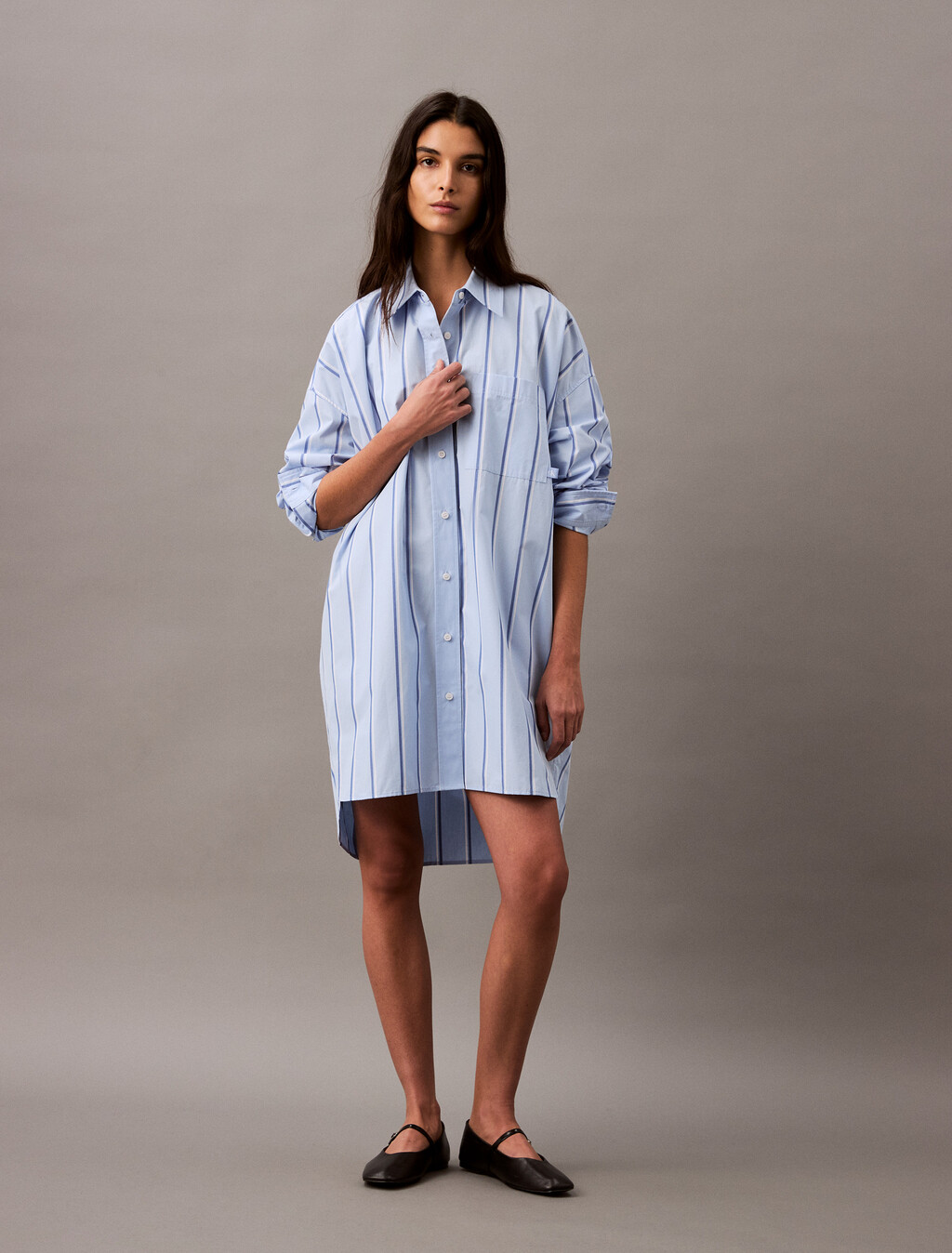 Relaxed Striped Cotton Shirt Dress, 18815 CSW25S_W013+Chambray Blue, hi-res