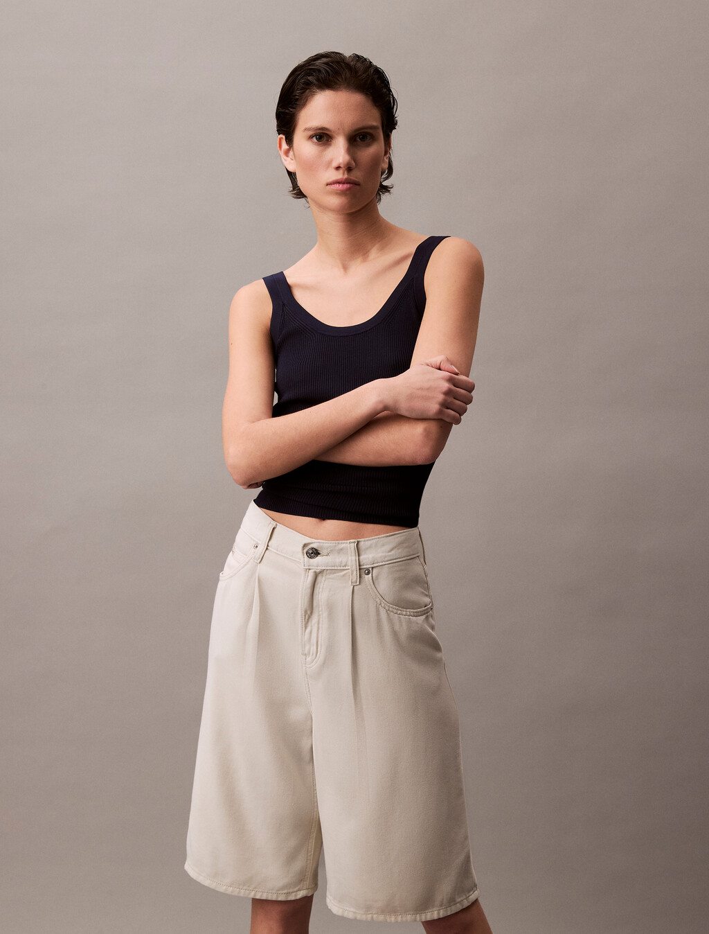 Relaxed Denim Bermuda Shorts, Silver Birch, hi-res