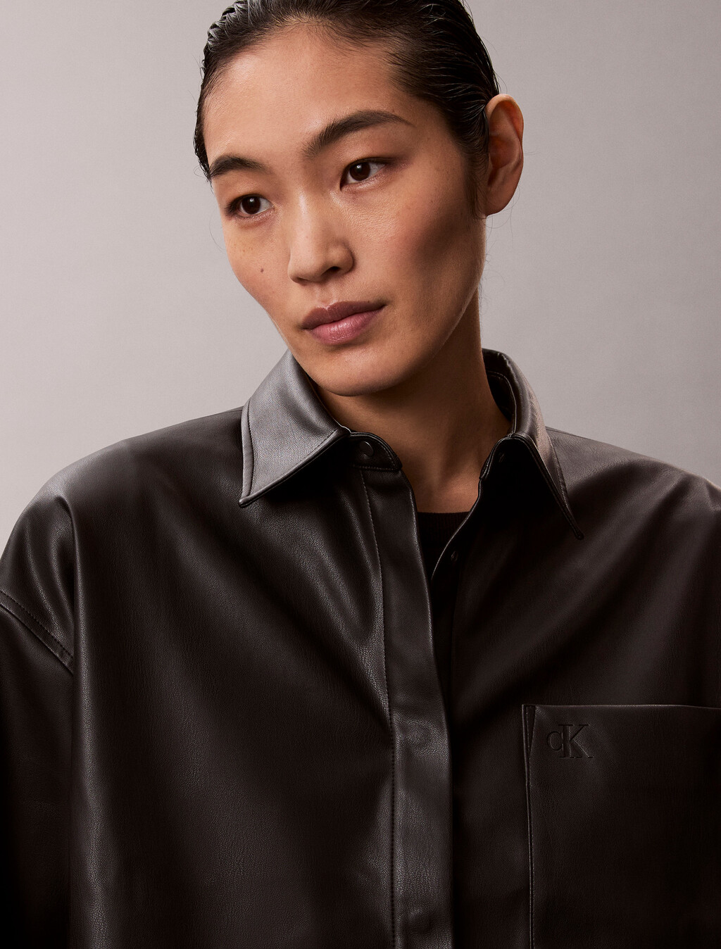 Faux Leather Cropped Shirt, Black, hi-res