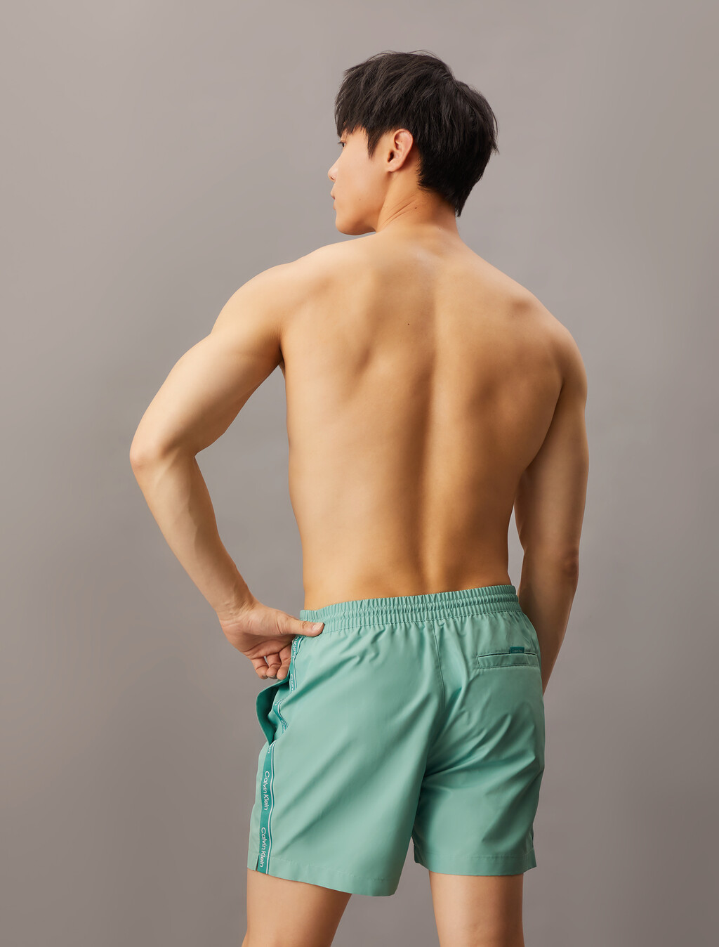 Medium Drawstring Swim Shorts - Logo Tape, Saltwater Aqua, hi-res