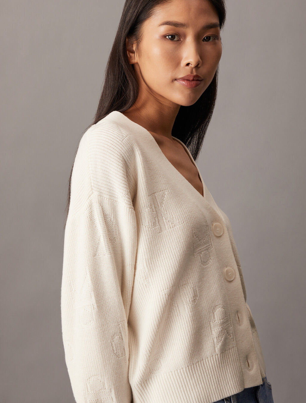 Monogram Intarsia Knit Cardigan, Ivory, hi-res