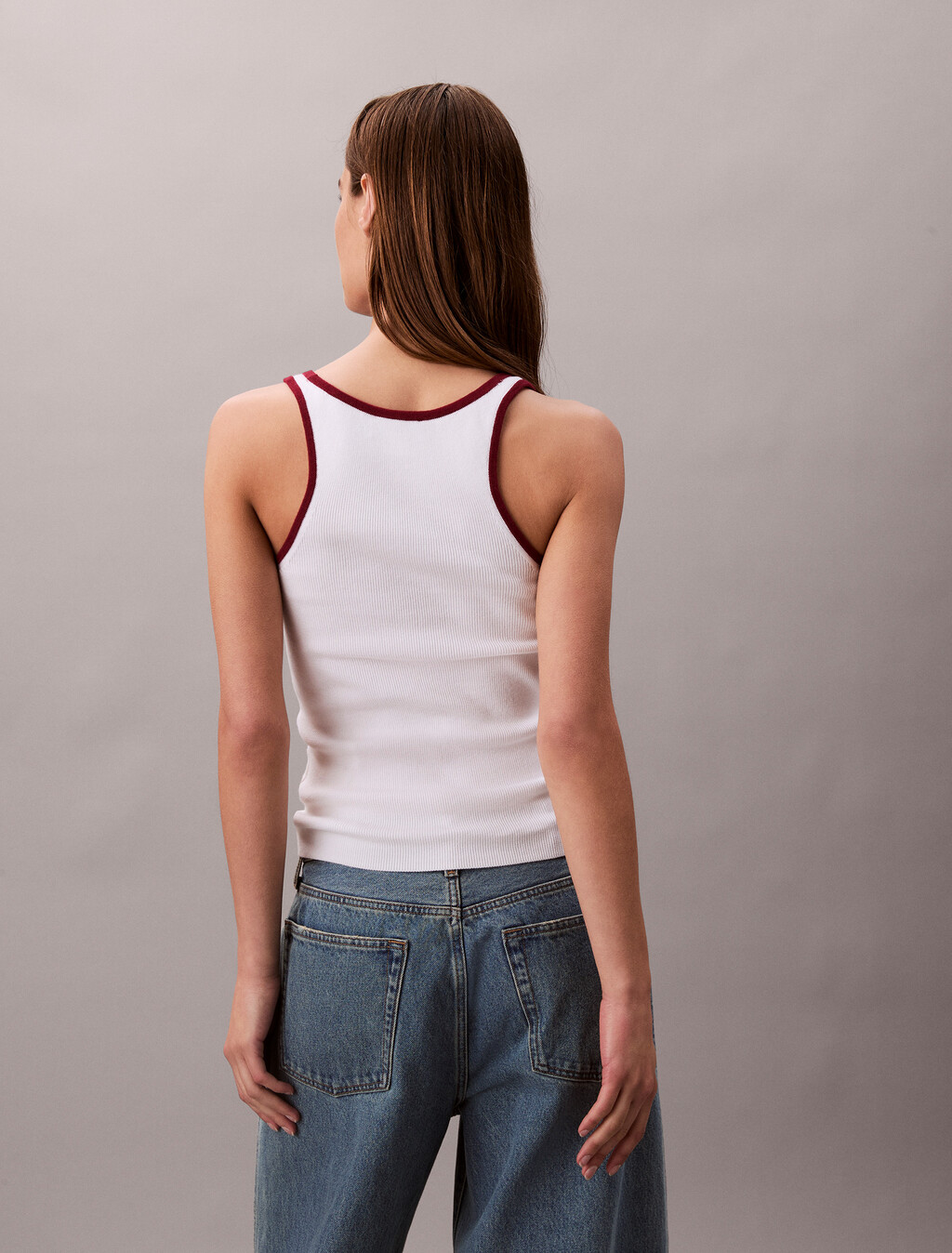Contrast Trim Ribbed Tank Top, Brilliant White Combo, hi-res