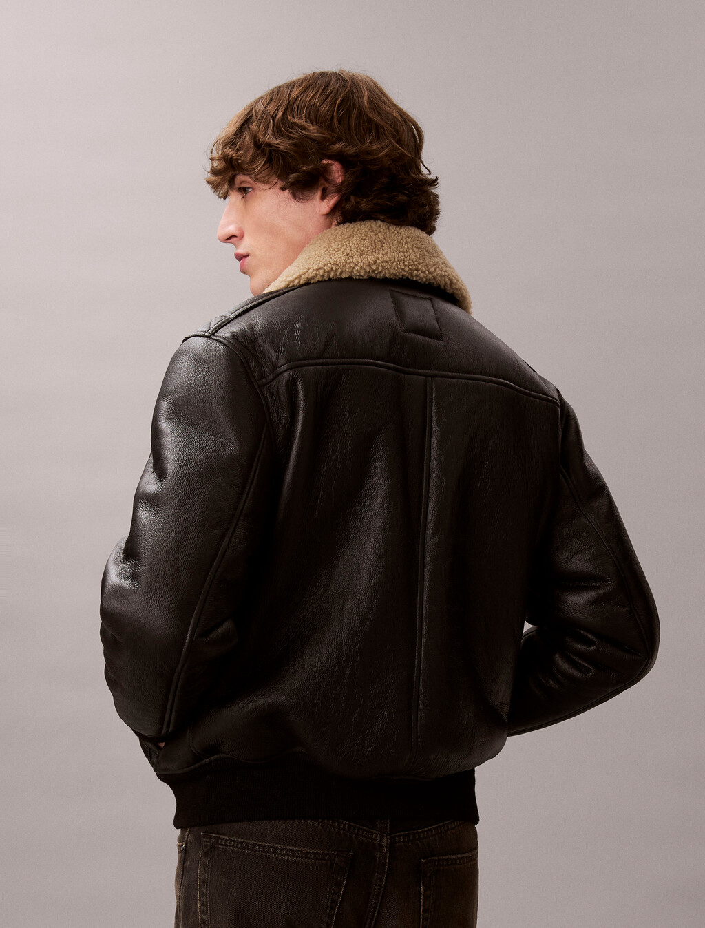 Shearling Leather Flight Jacket, Black / Natural, hi-res