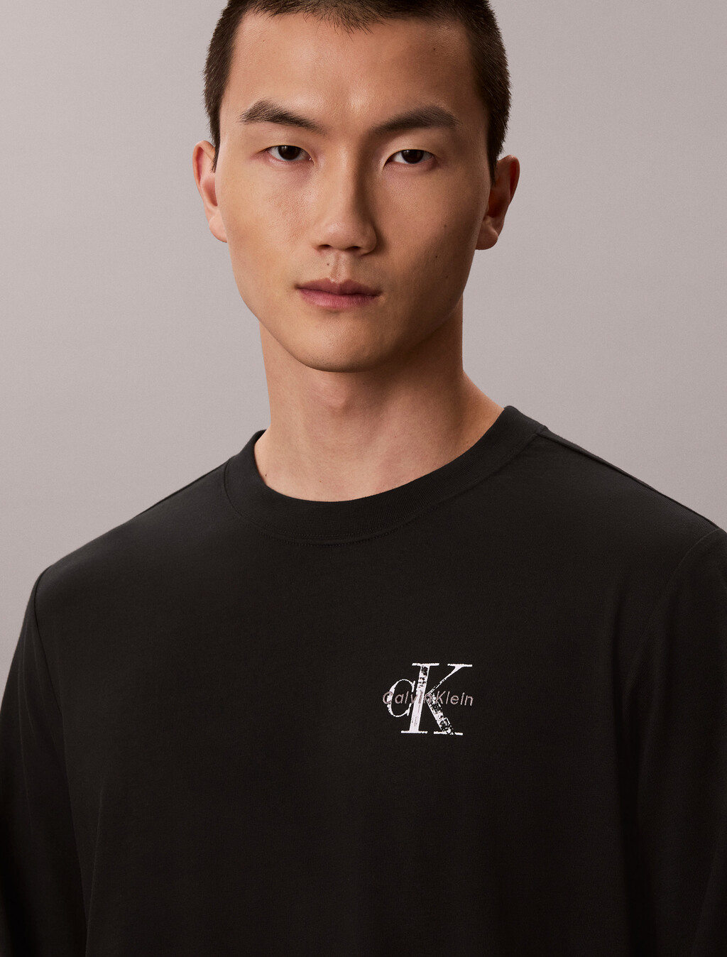 Distressed Monogram Long Sleeve Tee, Black, hi-res