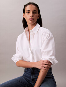 Solid Boxy Cropped Shirt, Brilliant White, hi-res