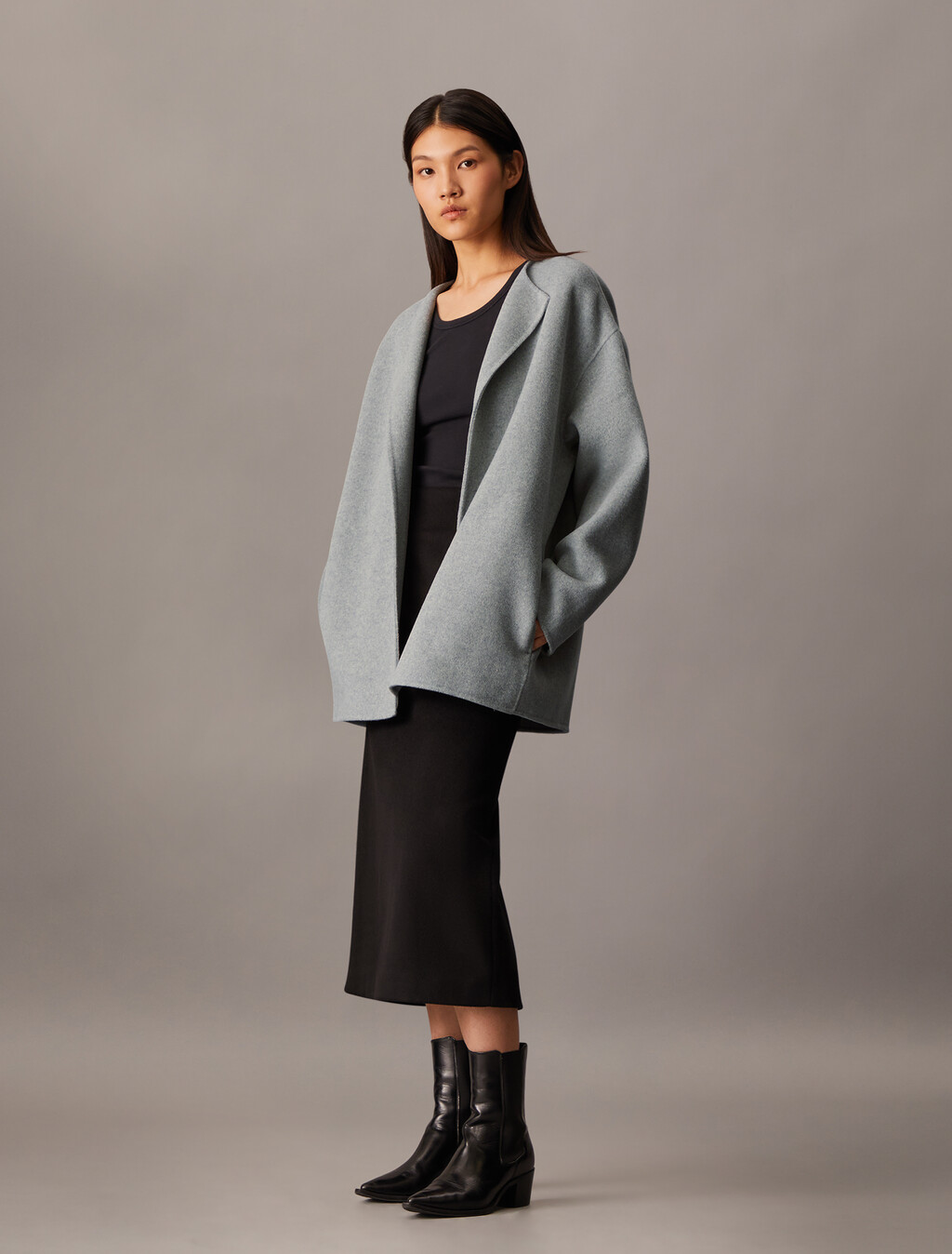 Double Face Cashmere Wool Short Coat, B10 Grey Heather, hi-res