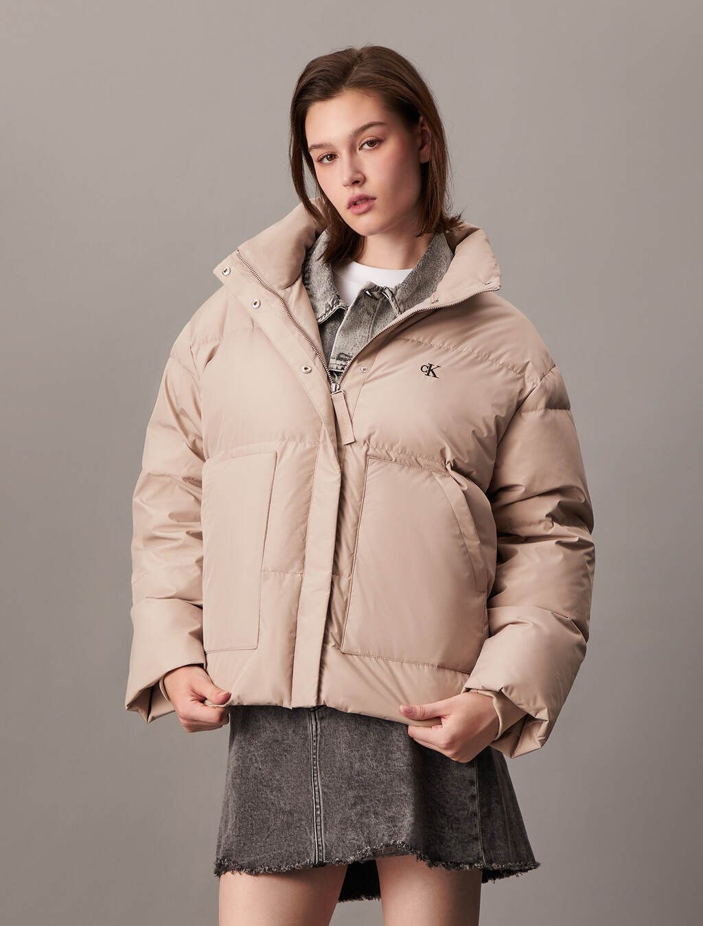 Cropped Stand Collar Puffer Jacket, Goat, hi-res