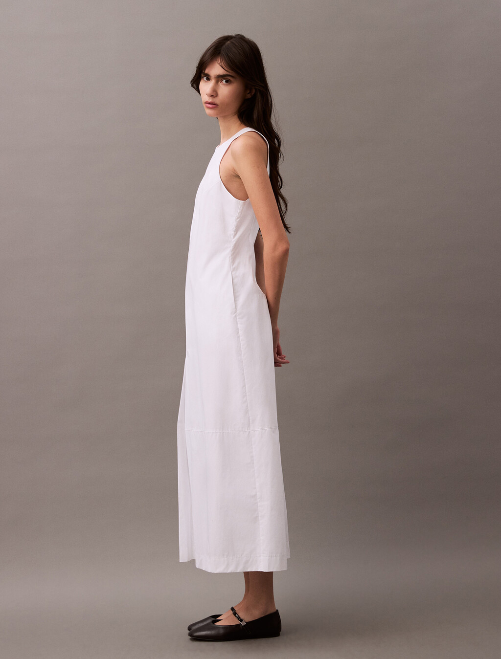 Cotton Poplin Box Pleat Midi Dress, Brilliant White, hi-res