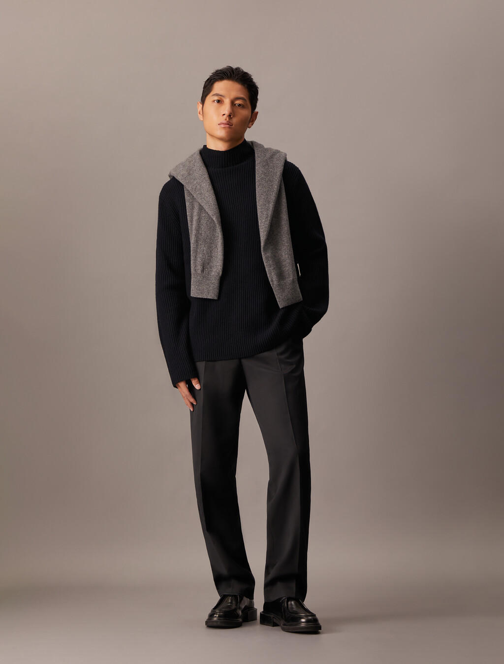 Woolen Rib Knit Mock Neck Sweater, Black, hi-res