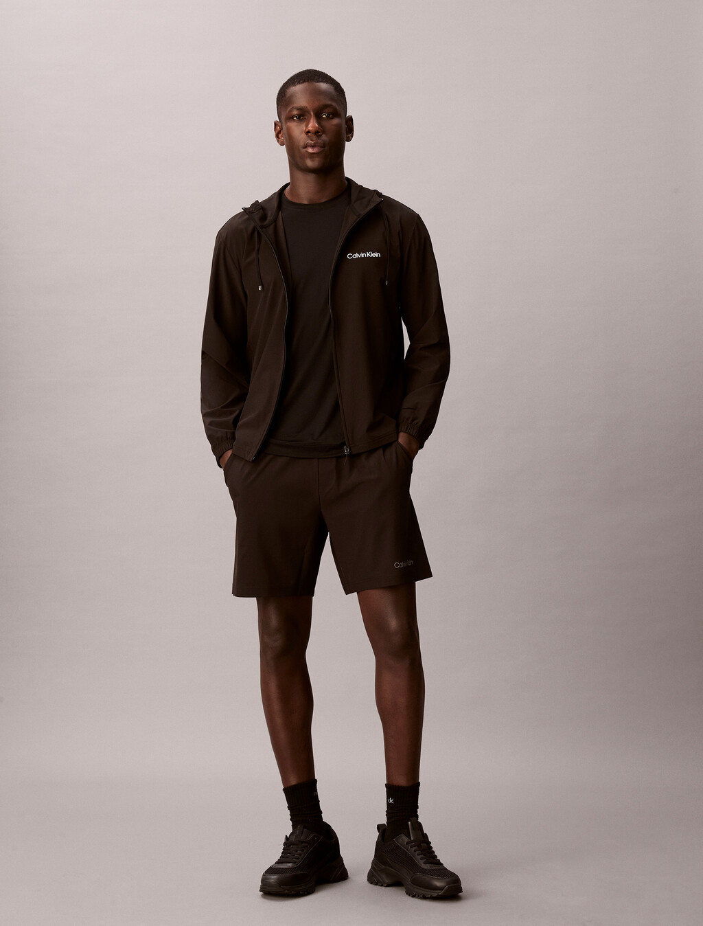 Water-Repellent Hooded Windbreaker, Black, hi-res