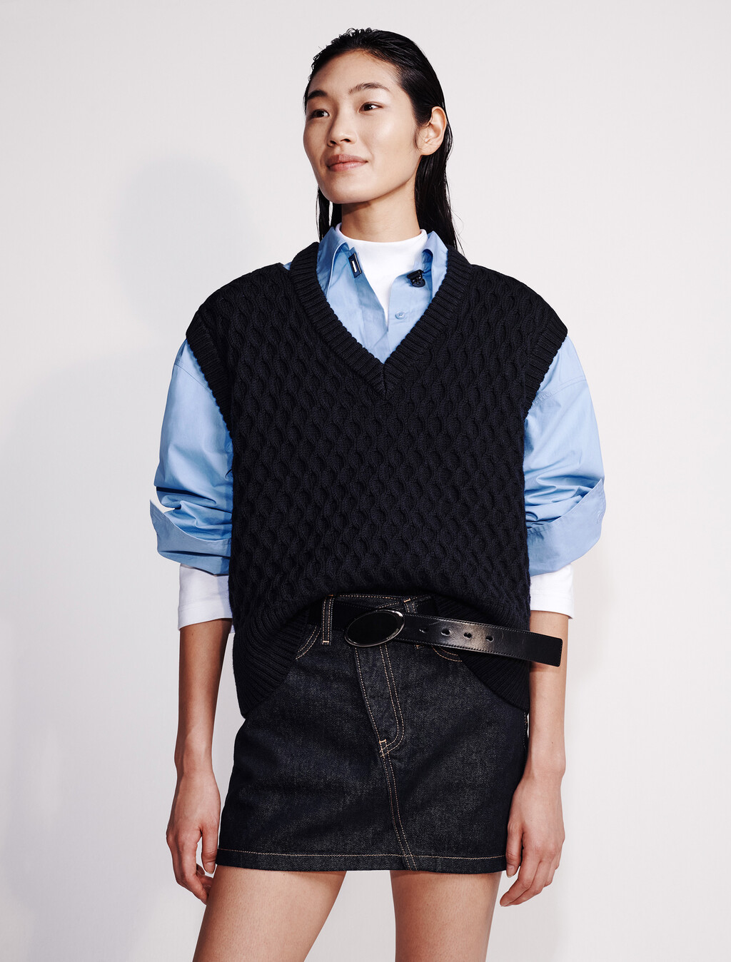 Merino Wool Cable Knit Relaxed Vest, Black, hi-res