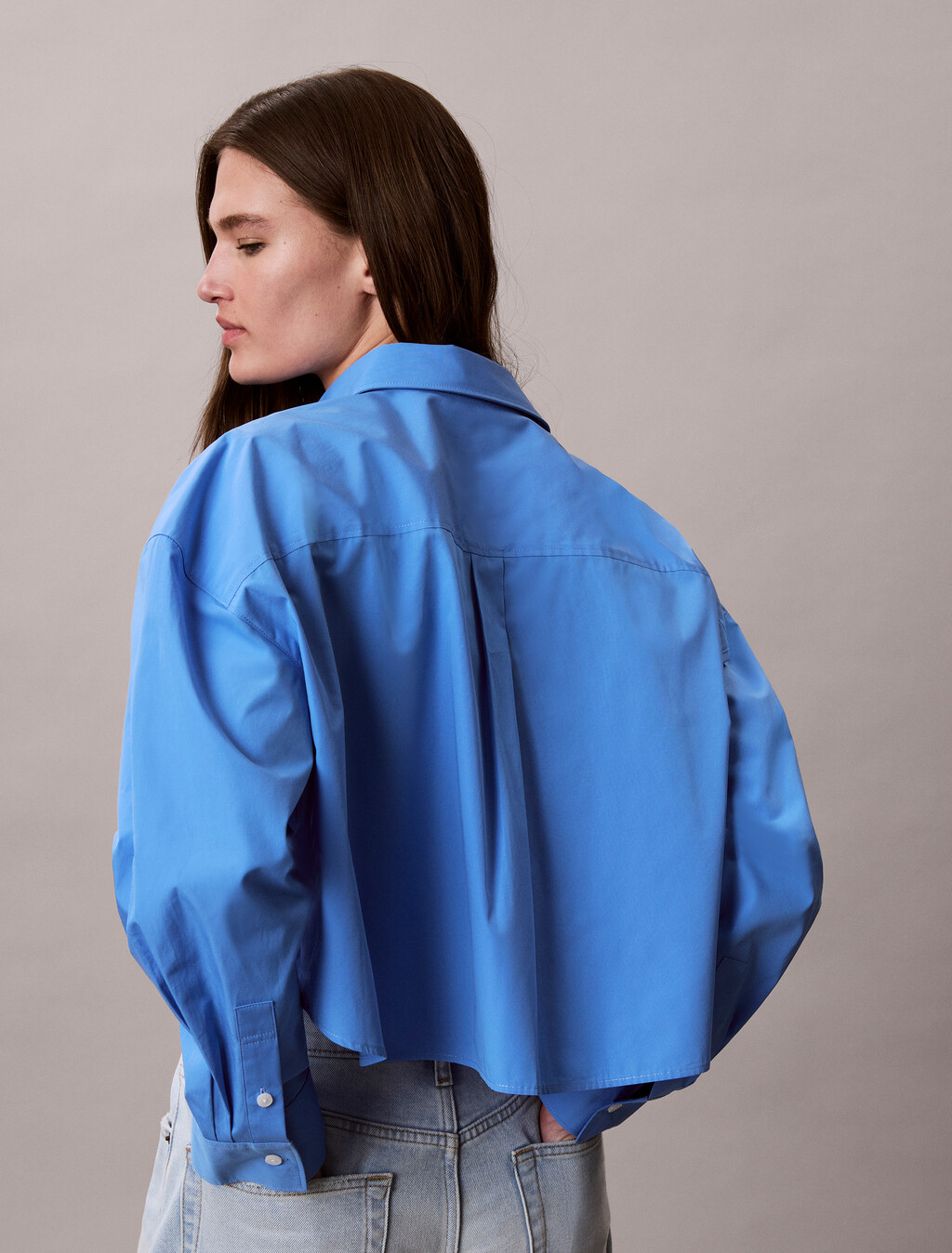Cropped Cotton Poplin Shirt, Marina, hi-res