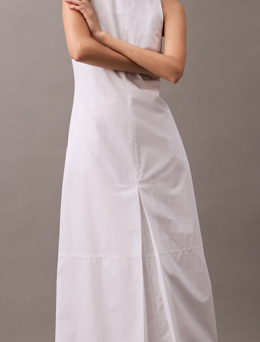 Cotton Poplin Box Pleat Midi Dress, Brilliant White, hi-res