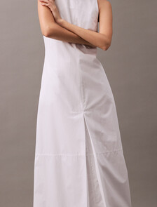Cotton Poplin Box Pleat Midi Dress, Brilliant White, hi-res