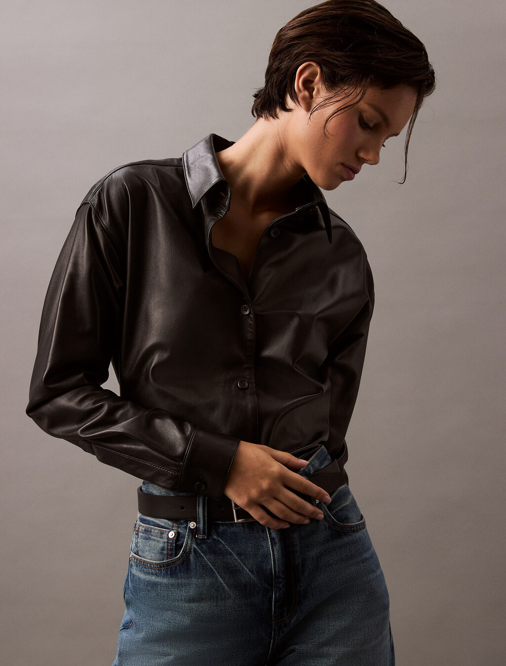 Nappa Leather Shirt, Black Beauty, hi-res