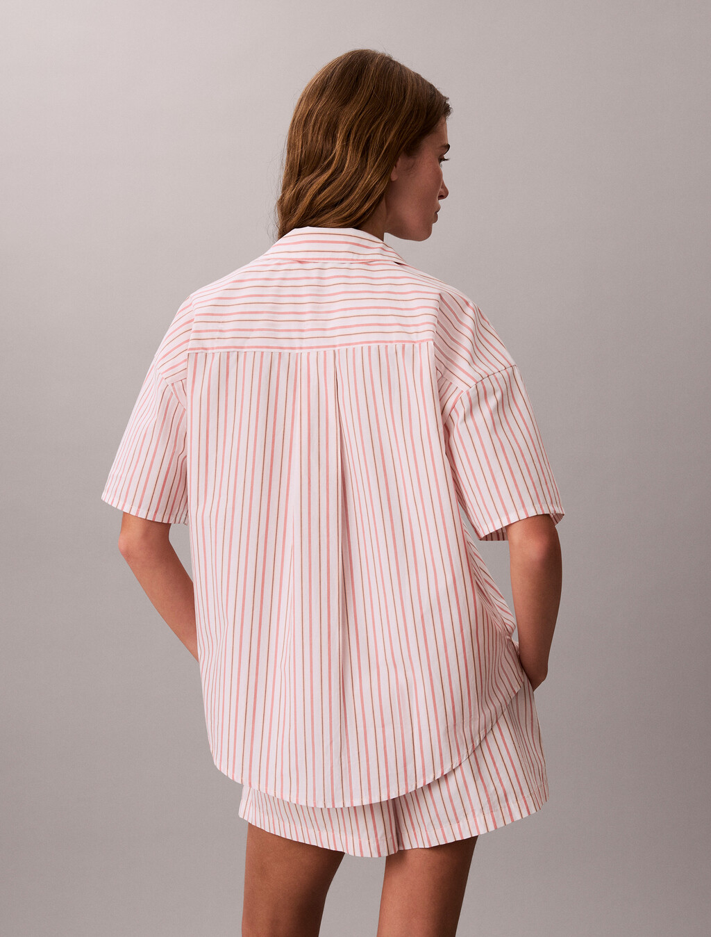 Cotton Poplin Pyjama Button-Down Shirt, AURORA STRIPE PEACH BLISS, hi-res