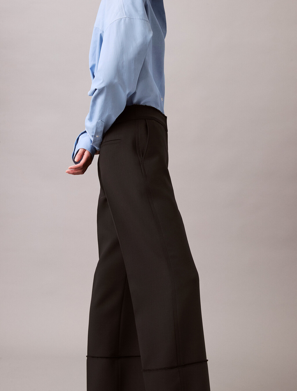 Wool Blend Gabardine Raw Edge Trousers, Black, hi-res