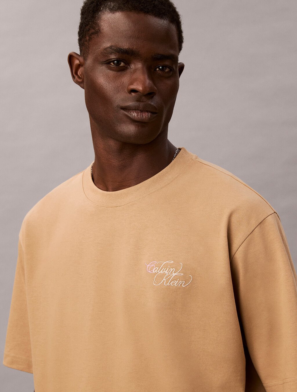 Two Tone Logo Embroidery Oversized Tee, Tannin, hi-res