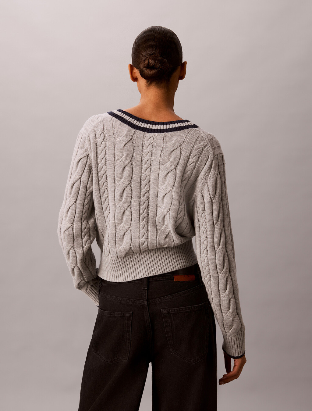 Cable Knit V-Neck Sweater, B10 Grey Heather, hi-res