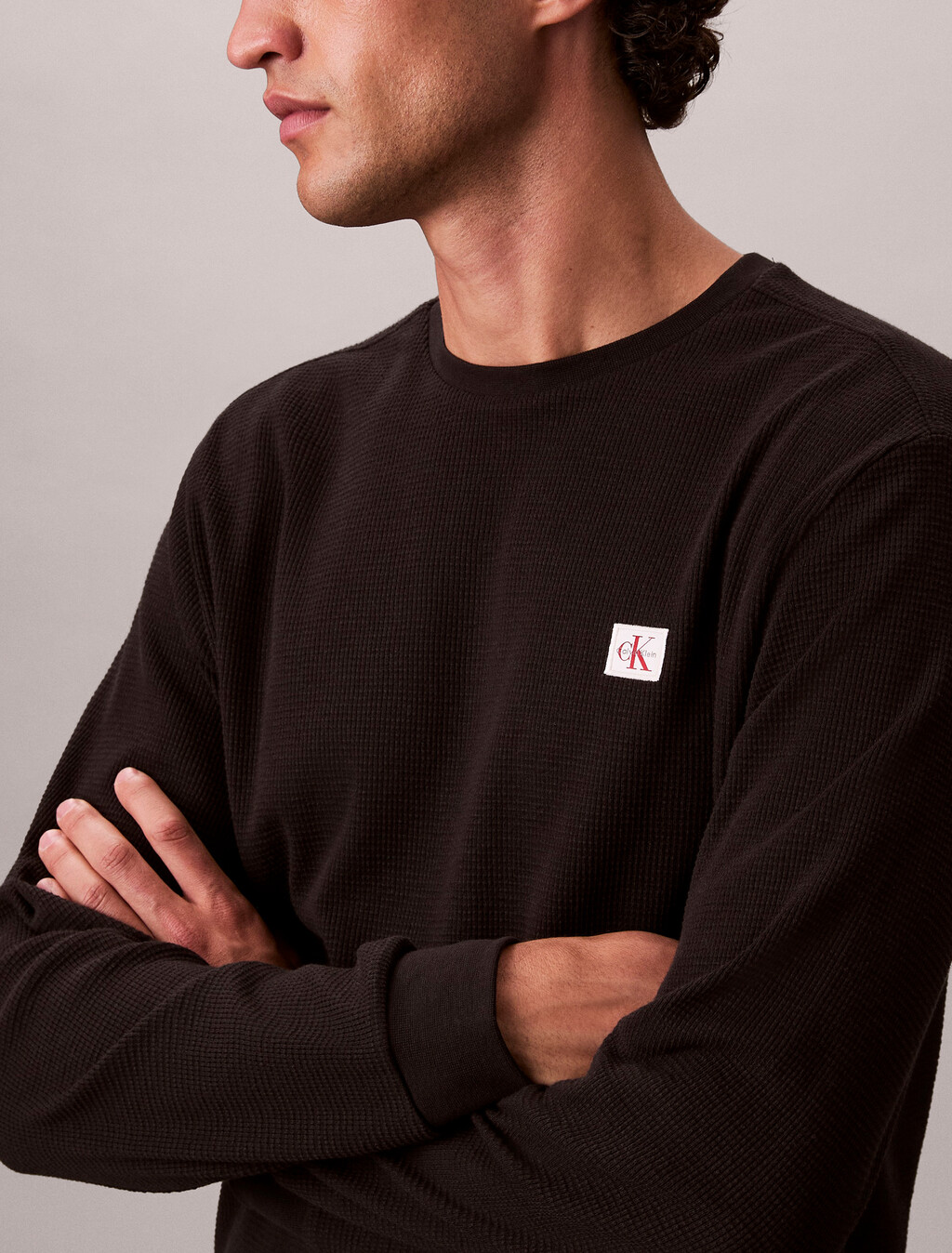 Long Sleeve Waffle T-shirt, Black, hi-res