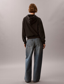 Washed Cotton Terry Zip Through Hoodie, Black, hi-res