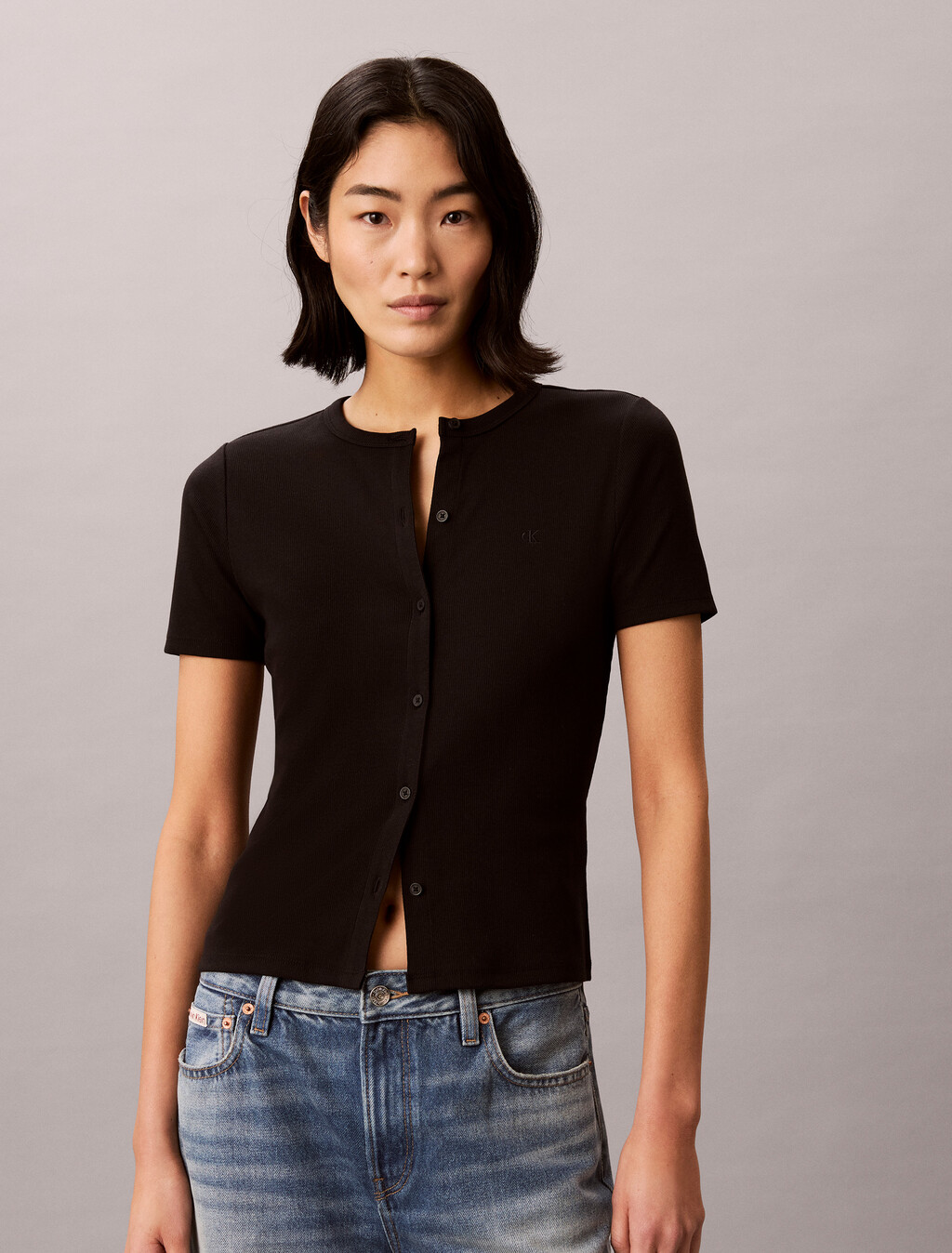 Ribbed Short Sleeve Cardigan, Black, hi-res