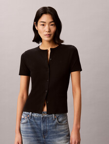 Ribbed Short Sleeve Cardigan, Black, hi-res
