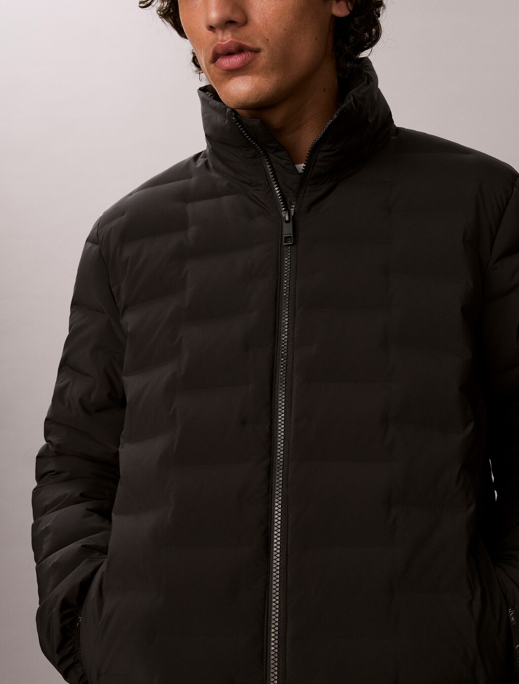 Quilted Mock Neck Down Puffer Jacket, Black, hi-res