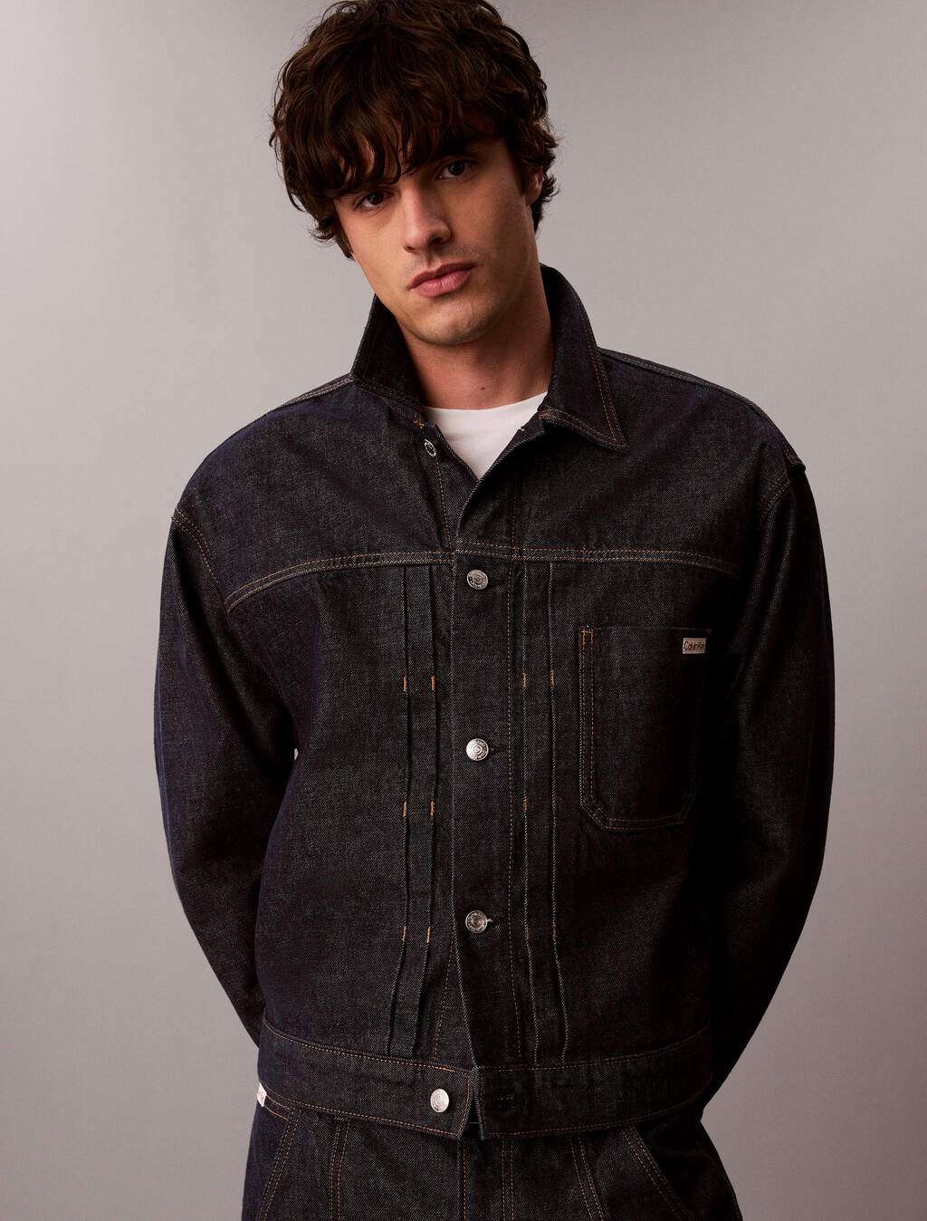 Pleated Denim Trucker Jacket, ICONIC INDIGO, hi-res