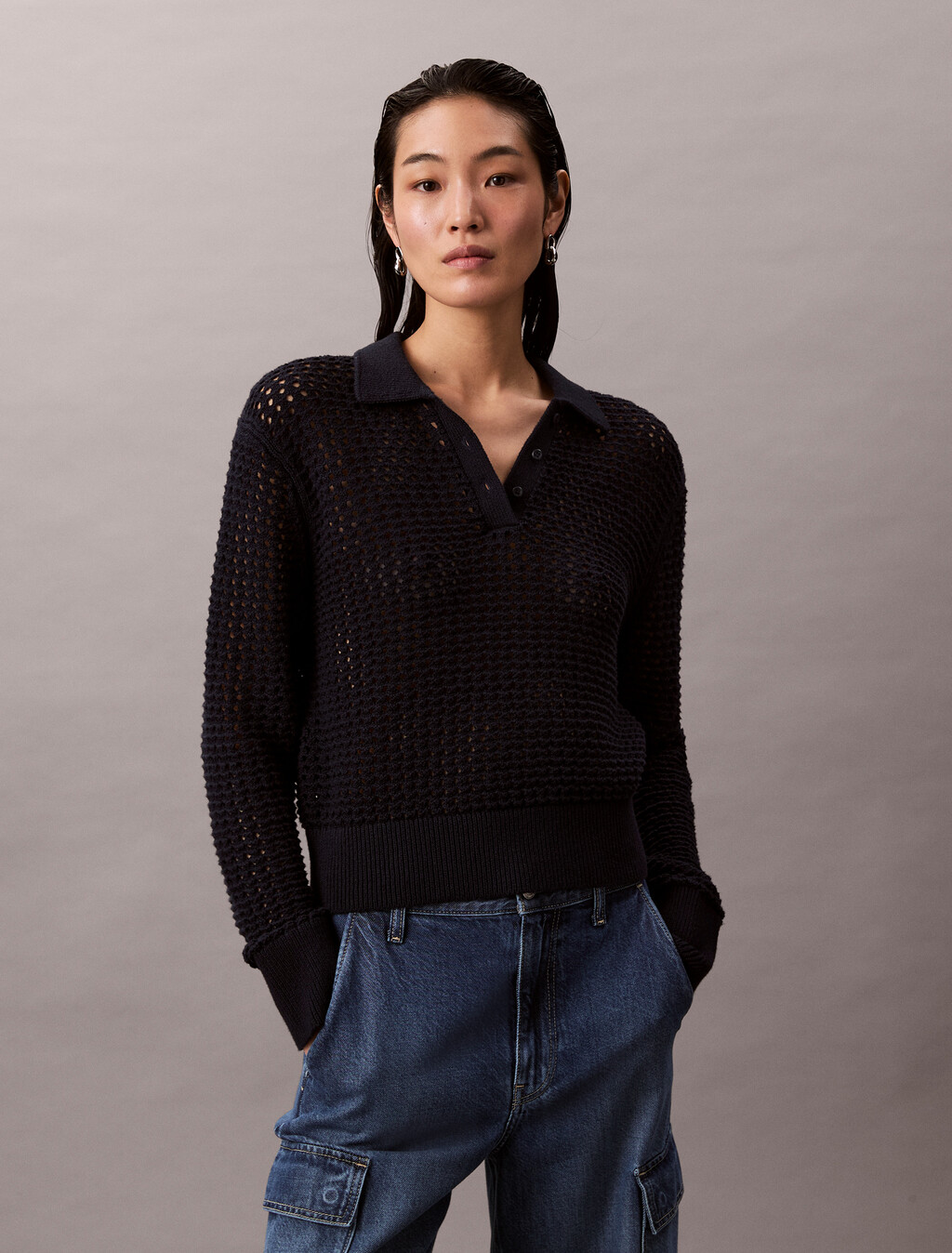 Novelty Cotton Open Stitch Sweater, Dark Sapphire, hi-res