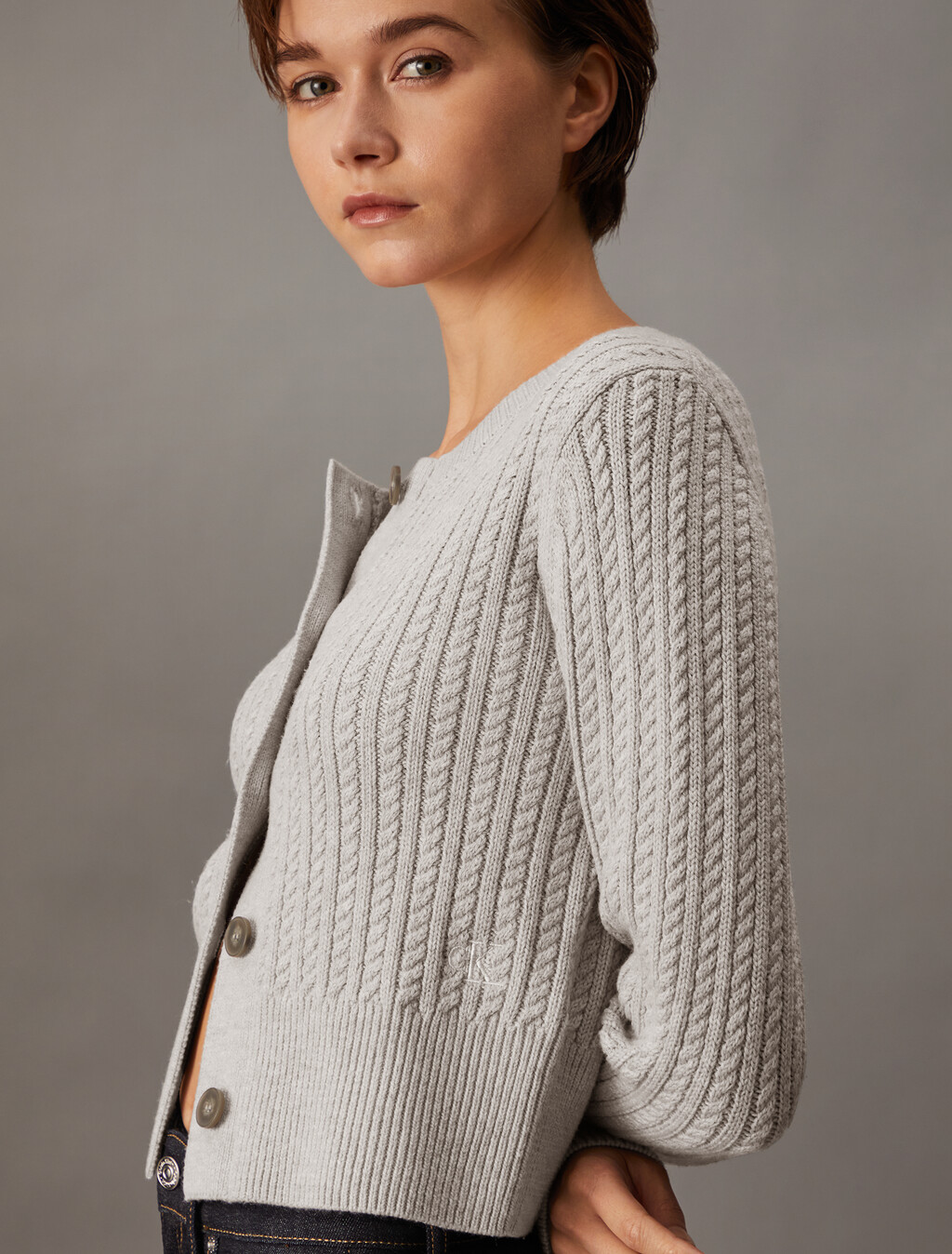 Cropped Cable Knit Cardigan, Light Grey Heather, hi-res