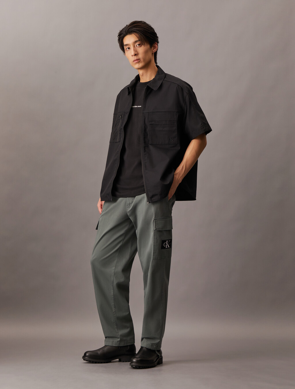 Cooling Mixed Media Zip Up Overshirt, Ck Black, hi-res