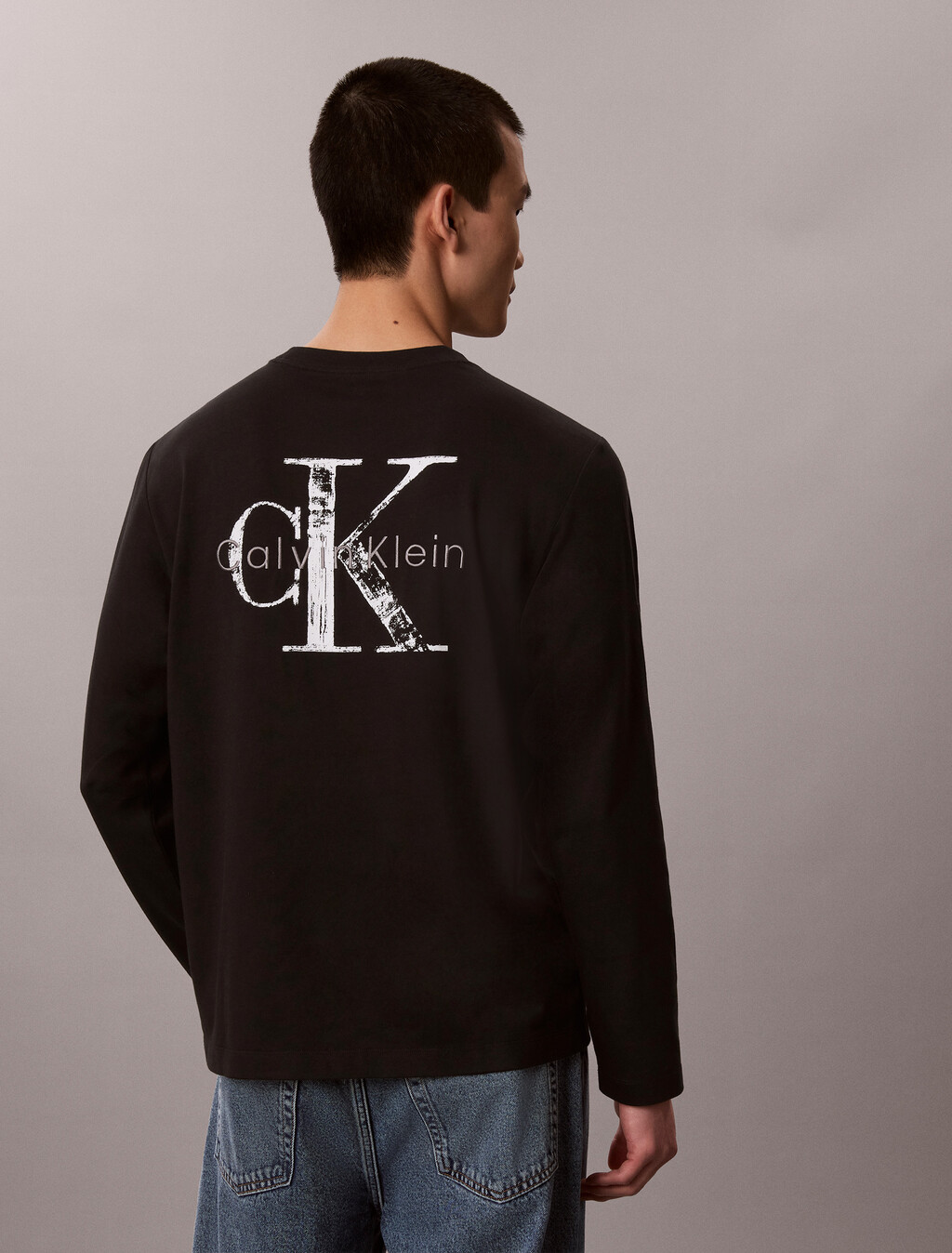 Distressed Monogram Long Sleeve Tee, Black, hi-res