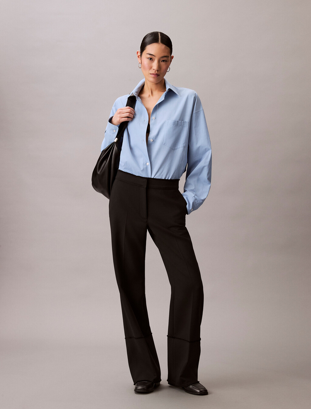 Wool Blend Gabardine Raw Edge Trousers, Black, hi-res