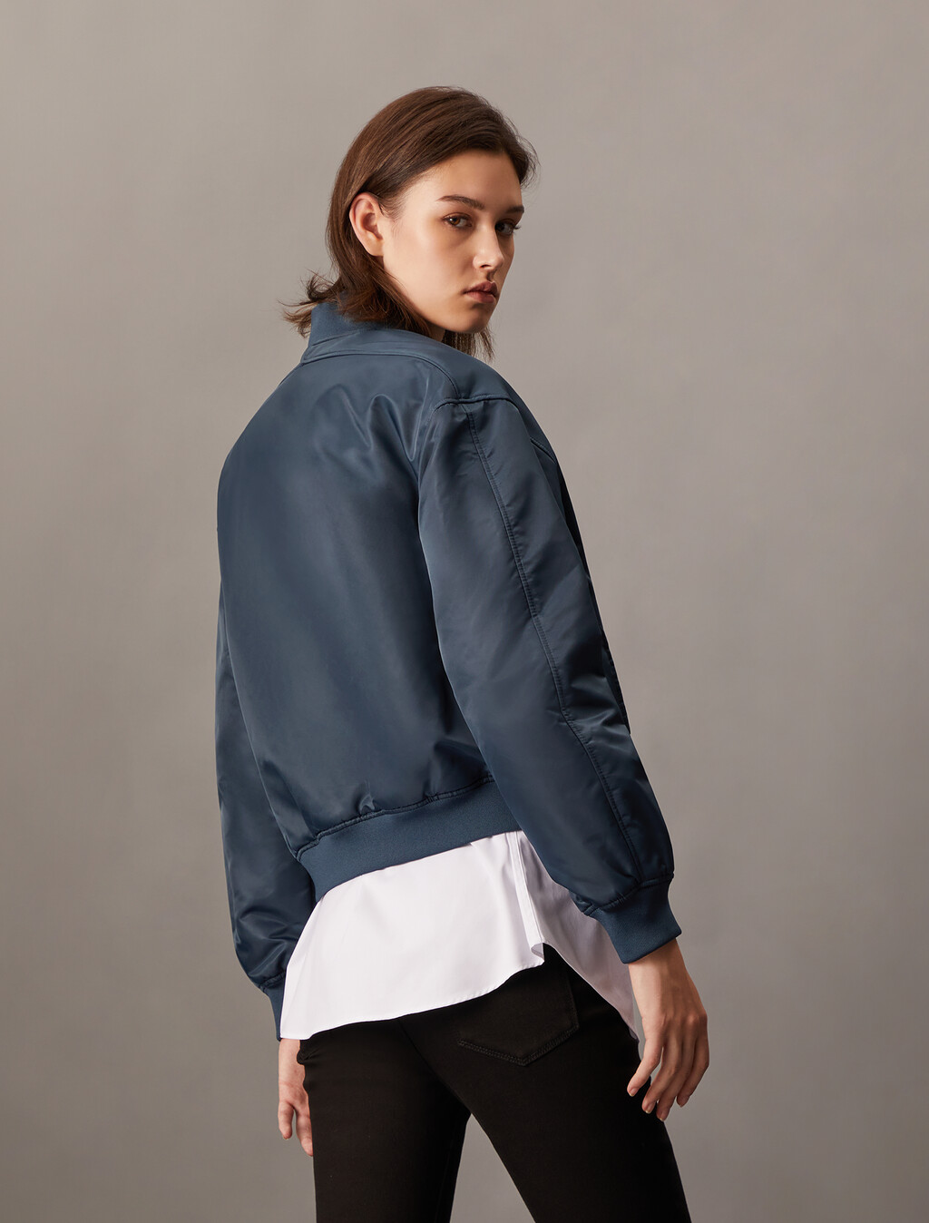 Padded Nylon Bomber Jacket, Ink, hi-res