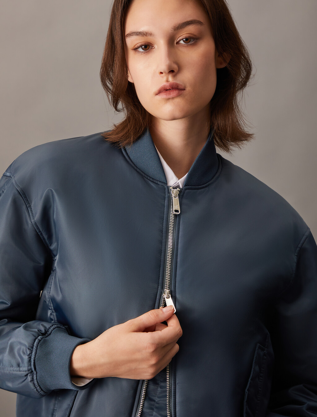 Padded Nylon Bomber Jacket, Ink, hi-res