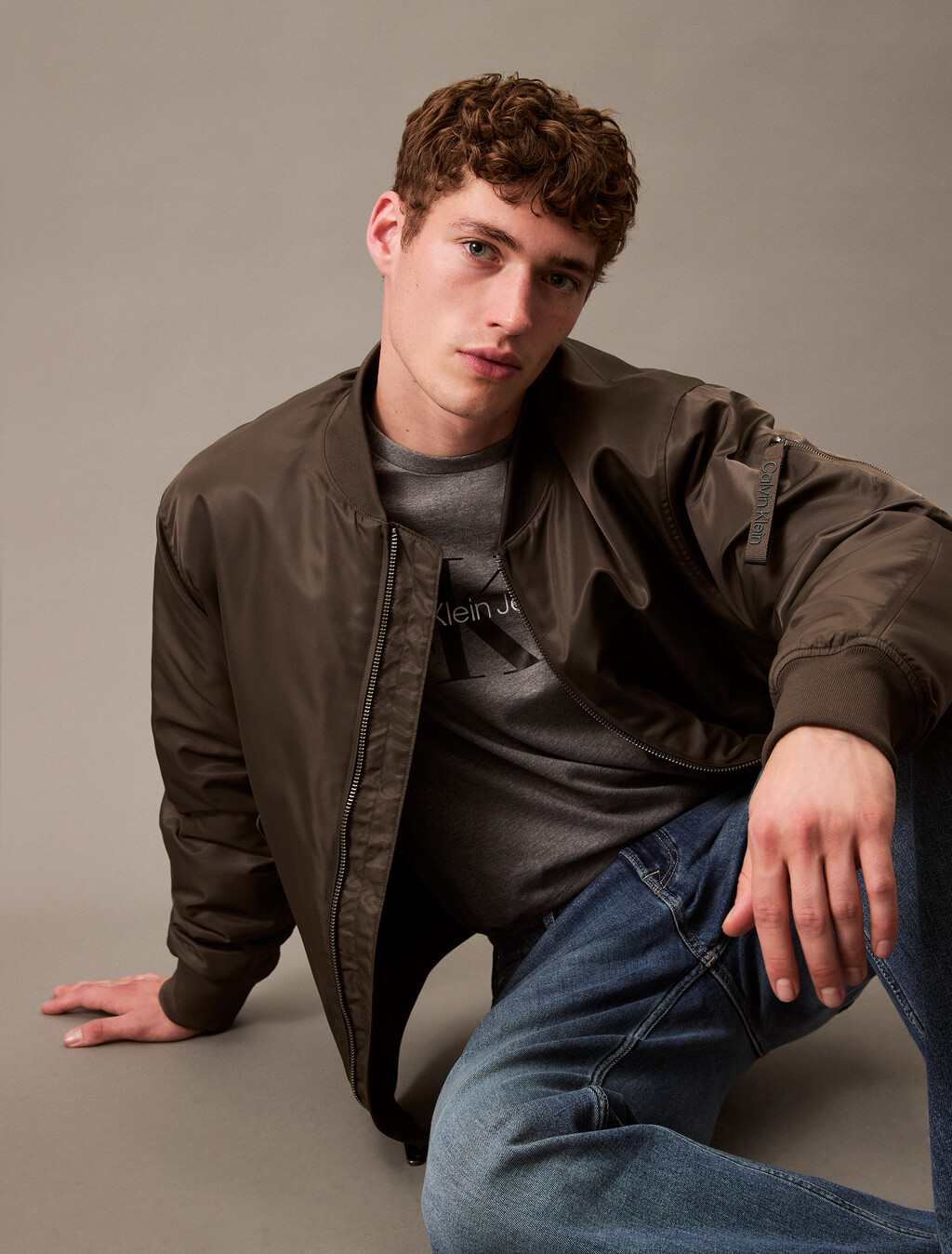 Padded Nylon Bomber Jacket, Beluga, hi-res